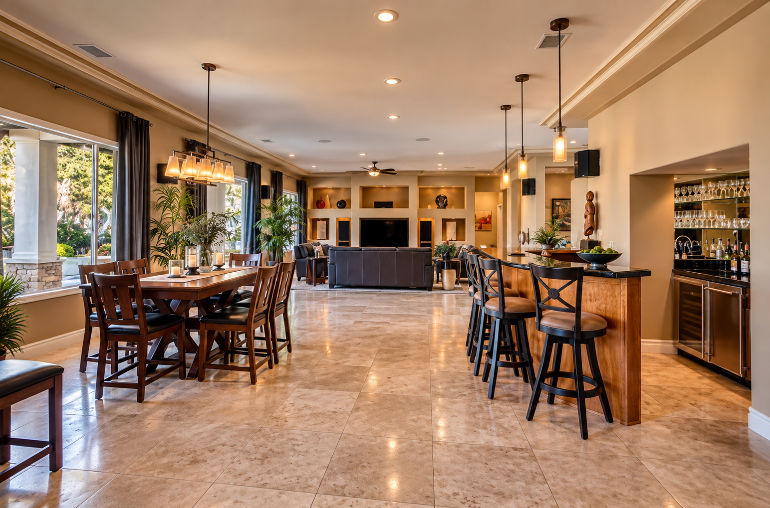 Interior dining, lounge and bar at Oasis By The Strip