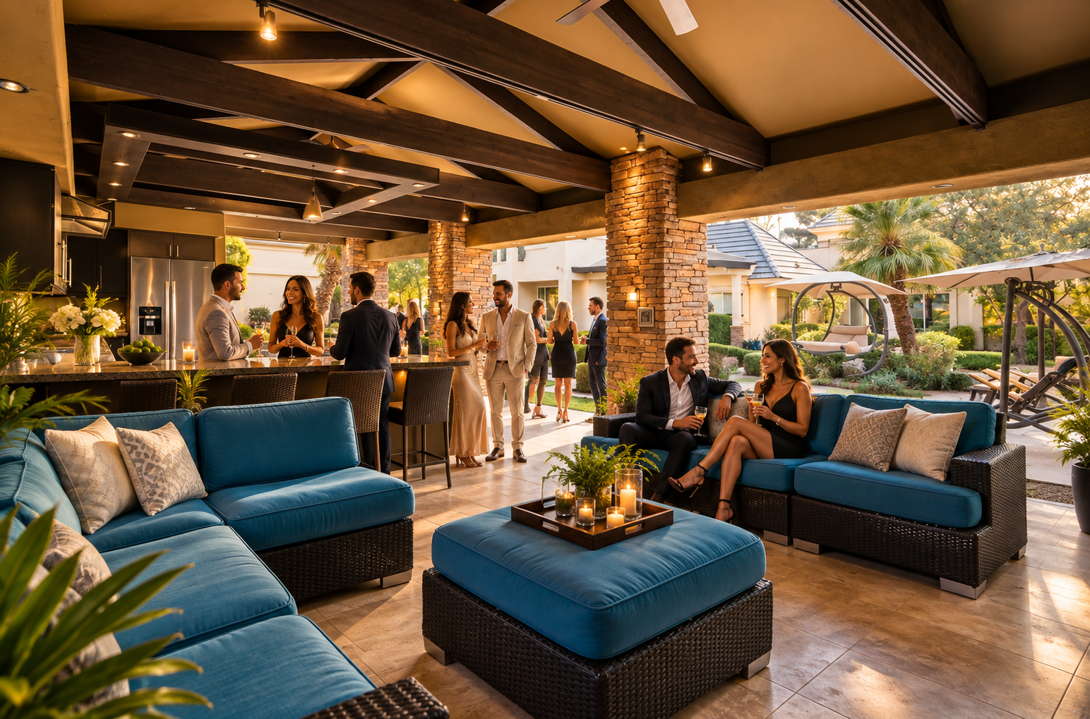 Guests enjoying cocktails in the covered outdoor lounge at Oasis By The Strip
