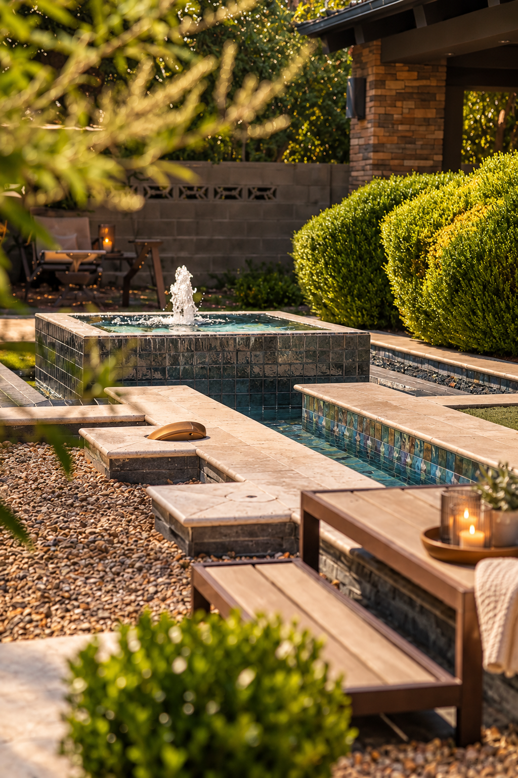 Tiled spa and fountain water feature beside the landscaped garden at Oasis