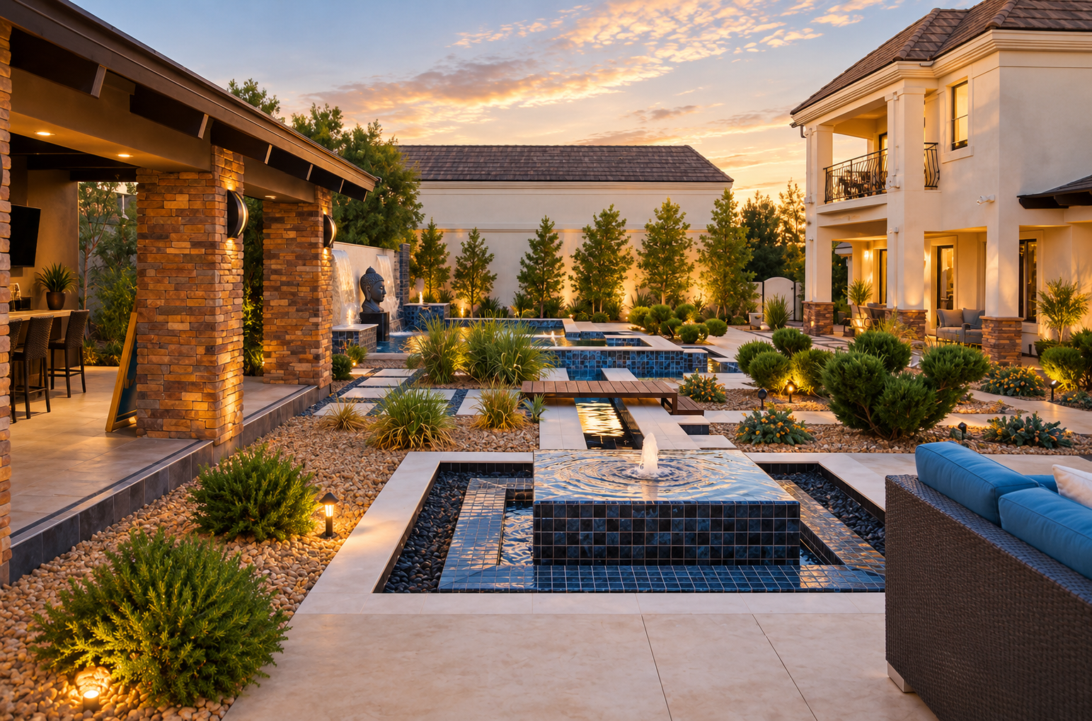 Courtyard, pavilion and water features at Oasis By The Strip
